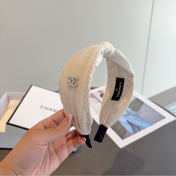 CHANEL Accessories - CHANEL Cream Headband with Pearl Detail